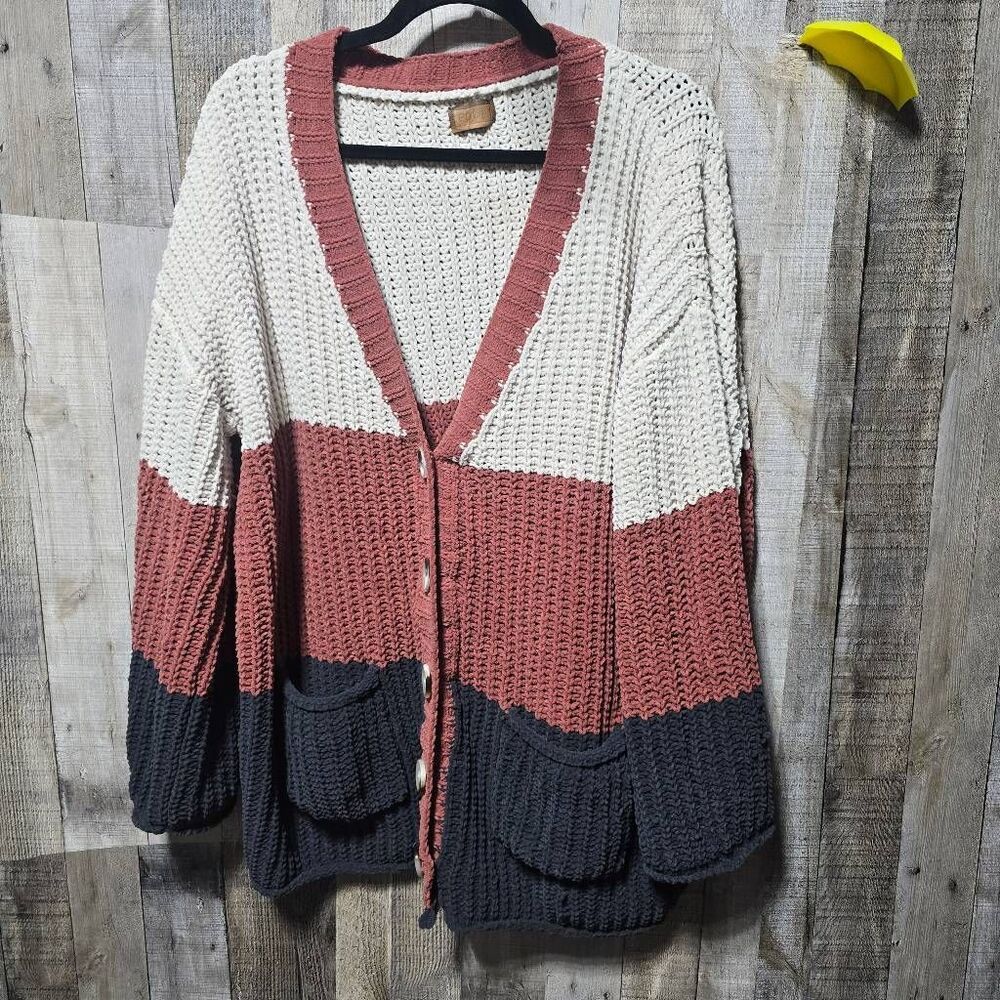 Pol Chunky Knit Colorblock Boho Button Cardigan - image 1